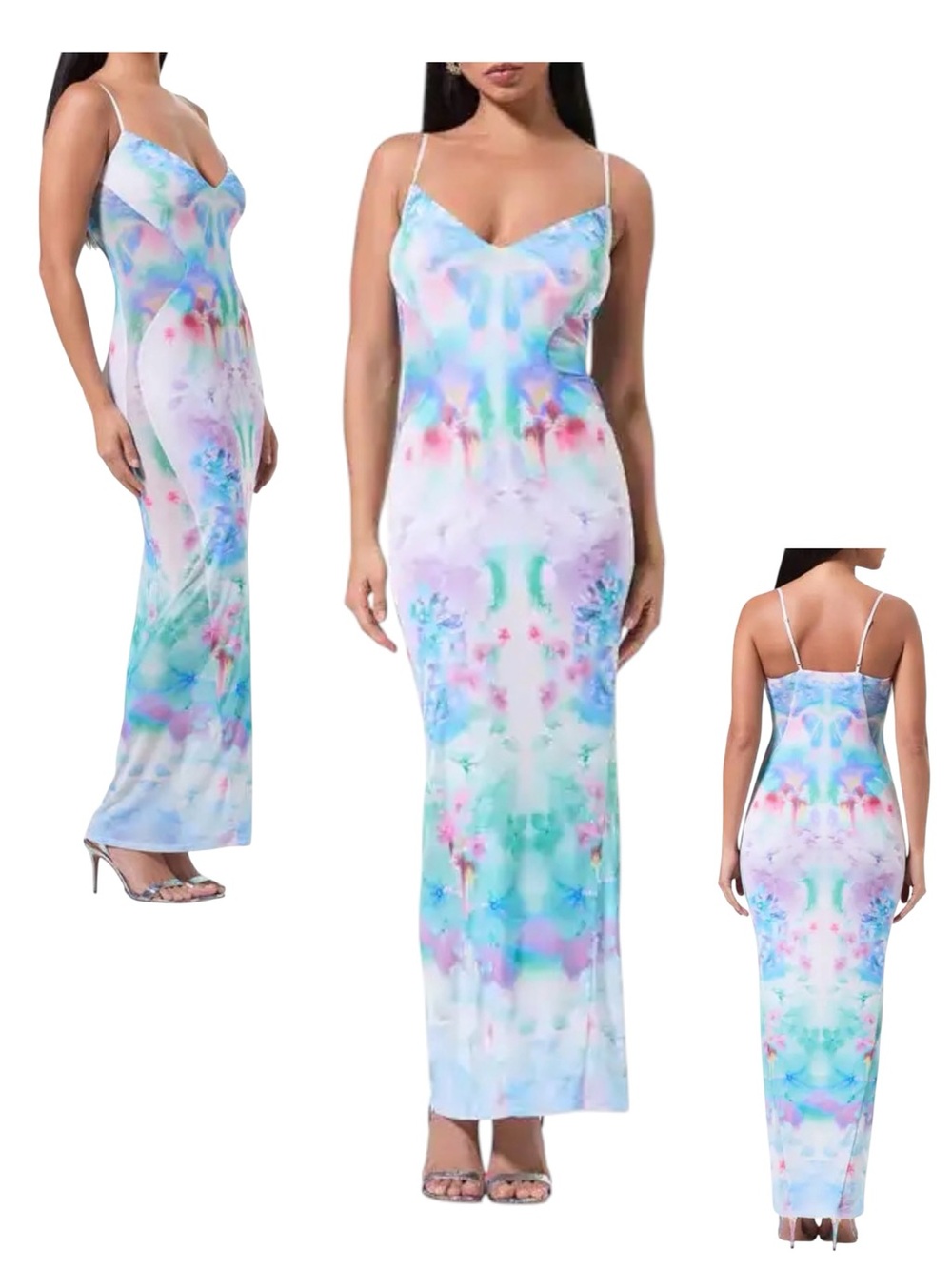AFRM Alison Mesh Panel Maxi Dress Blur Blossom Pastel Watercolor SMALL NWT